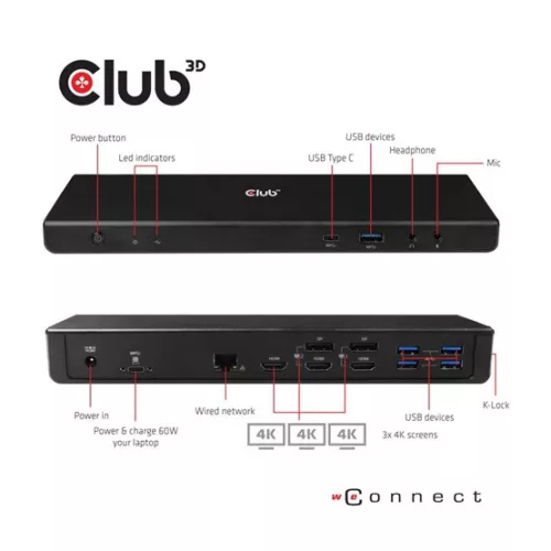 Club 3D Notebook Dokkoló - CSV-1562 (60W, 3.2 USB-C to 3xHDMI, 2x DP, 6x 3.2 USB-A, RJ45. 3,5 Jack)