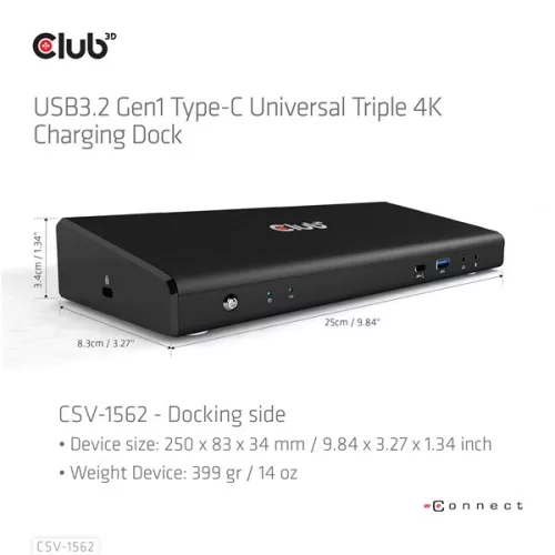 Club 3D Notebook Dokkoló - CSV-1562 (60W, 3.2 USB-C to 3xHDMI, 2x DP, 6x 3.2 USB-A, RJ45. 3,5 Jack)
