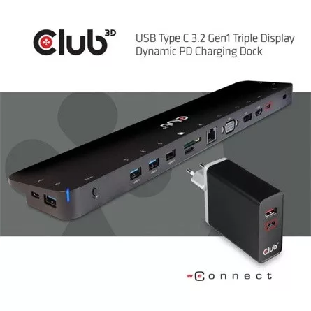 Club 3D DOC Club3D USB Gen1 Type-C Triple Display Dynamic PD Charging Dock with 65 Watt PS
