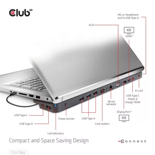 Club 3D DOC Club3D USB Gen2 Type-C Triple Display DP 1.4 Alt PD Töltődokkoló - 100W PD