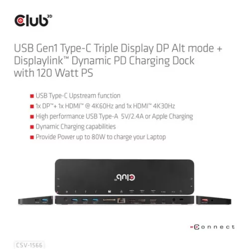 Club 3D DOC Club3D USB Gen1 Type-C Triple Display DP Alt mode Displaylink Dynamic PD Töltődokkoló - 120 Watt PS