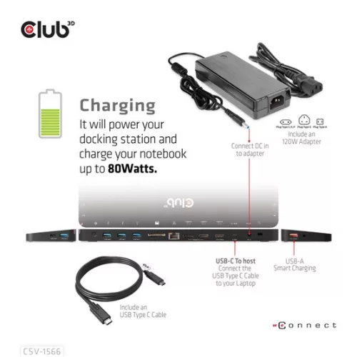 Club 3D DOC Club3D USB Gen1 Type-C Triple Display DP Alt mode Displaylink Dynamic PD Töltődokkoló - 120 Watt PS