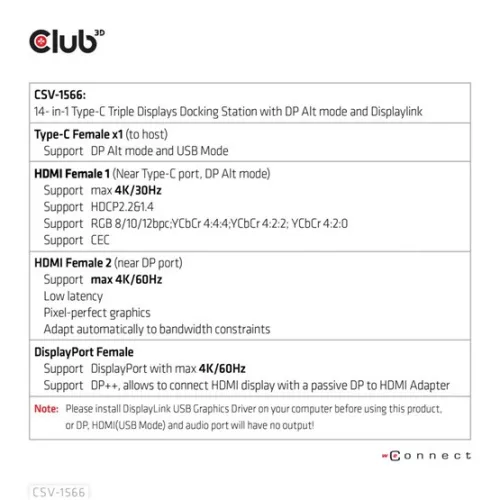 Club 3D DOC Club3D USB Gen1 Type-C Triple Display DP Alt mode Displaylink Dynamic PD Töltődokkoló - 120 Watt PS