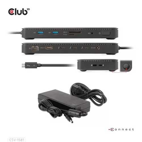 Club 3D Notebook Dokkoló - CSV-1581 (Thunderbolt 4 to 3xThunderbolt 4, 3xUSB-A, SD, TF, RJ45, 3,5 Jack, 140W DC)