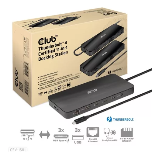 Club 3D Notebook Dokkoló - CSV-1581 (Thunderbolt 4 to 3xThunderbolt 4, 3xUSB-A, SD, TF, RJ45, 3,5 Jack, 140W DC)