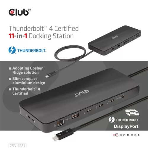 Club 3D Notebook Dokkoló - CSV-1581 (Thunderbolt 4 to 3xThunderbolt 4, 3xUSB-A, SD, TF, RJ45, 3,5 Jack, 140W DC)
