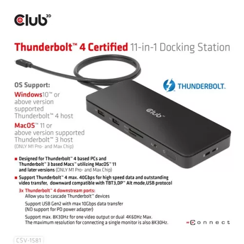 Club 3D Notebook Dokkoló - CSV-1581 (Thunderbolt 4 to 3xThunderbolt 4, 3xUSB-A, SD, TF, RJ45, 3,5 Jack, 140W DC)