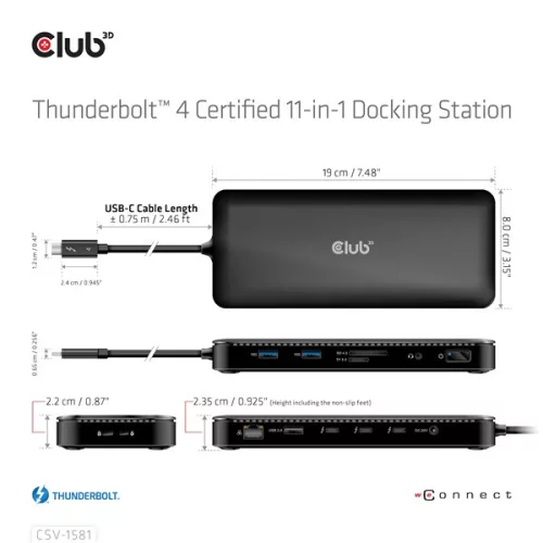 Club 3D Notebook Dokkoló - CSV-1581 (Thunderbolt 4 to 3xThunderbolt 4, 3xUSB-A, SD, TF, RJ45, 3,5 Jack, 140W DC)