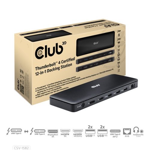 Club 3D Notebook Dokkoló - CSV-1582 (Thunderbolt 4, DP, 2xHDMI, USB-C, 4xUSB-A, SD, TF, RJ45, 3,5 Jack, 140W DC)