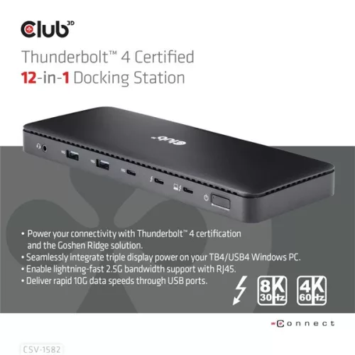 Club 3D Notebook Dokkoló - CSV-1582 (Thunderbolt 4, DP, 2xHDMI, USB-C, 4xUSB-A, SD, TF, RJ45, 3,5 Jack, 140W DC)
