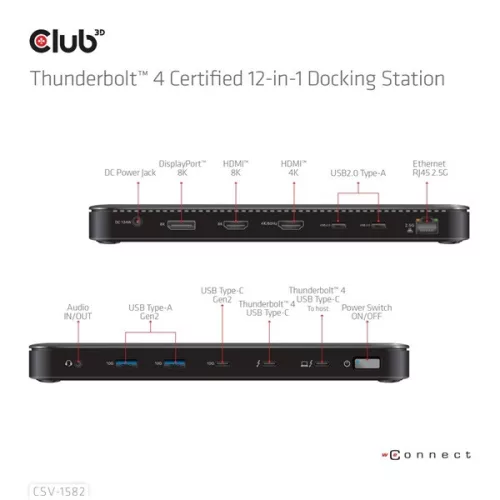 Club 3D Notebook Dokkoló - CSV-1582 (Thunderbolt 4, DP, 2xHDMI, USB-C, 4xUSB-A, SD, TF, RJ45, 3,5 Jack, 140W DC)