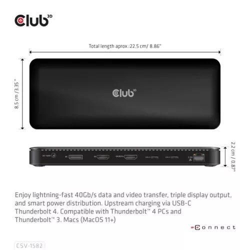 Club 3D Notebook Dokkoló - CSV-1582 (Thunderbolt 4, DP, 2xHDMI, USB-C, 4xUSB-A, SD, TF, RJ45, 3,5 Jack, 140W DC)