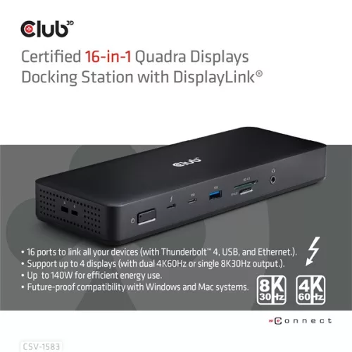 Club 3D Notebook Dokkoló - CSV-1583 (2xThunderbolt 4, 3xDP, 2xHDMI, USB-C, 3xUSB-A, SD, TF, RJ45, 3,5 Jack, 140W DC)