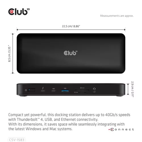 Club 3D Notebook Dokkoló - CSV-1583 (2xThunderbolt 4, 3xDP, 2xHDMI, USB-C, 3xUSB-A, SD, TF, RJ45, 3,5 Jack, 140W DC)