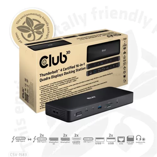 Club 3D Notebook Dokkoló - CSV-1583 (2xThunderbolt 4, 3xDP, 2xHDMI, USB-C, 3xUSB-A, SD, TF, RJ45, 3,5 Jack, 140W DC)