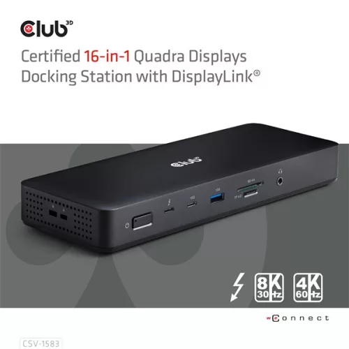 Club 3D Notebook Dokkoló - CSV-1583 (2xThunderbolt 4, 3xDP, 2xHDMI, USB-C, 3xUSB-A, SD, TF, RJ45, 3,5 Jack, 140W DC)