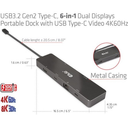 Club 3D USB Hub - CSV-1584 (3.2 USB-C Gen 2 to USB-C, 2xUSB-A, USB-C 100W PD, HDMI, RJ45, 8K60hz)