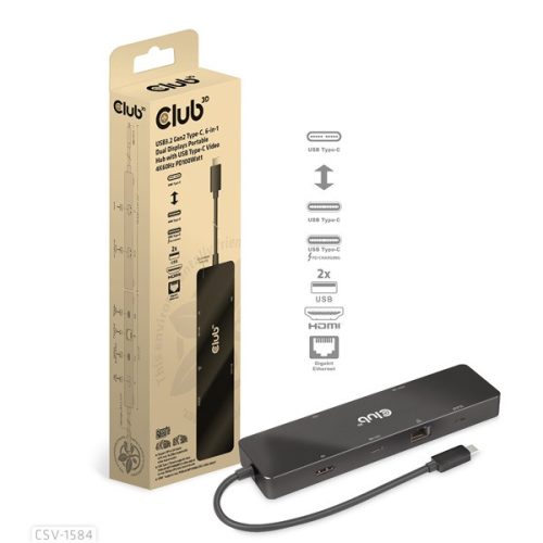 Club 3D USB Hub - CSV-1584 (3.2 USB-C Gen 2 to USB-C, 2xUSB-A, USB-C 100W PD, HDMI, RJ45, 8K60hz)