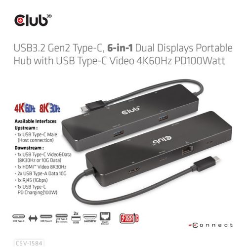 Club 3D USB Hub - CSV-1584 (3.2 USB-C Gen 2 to USB-C, 2xUSB-A, USB-C 100W PD, HDMI, RJ45, 8K60hz)