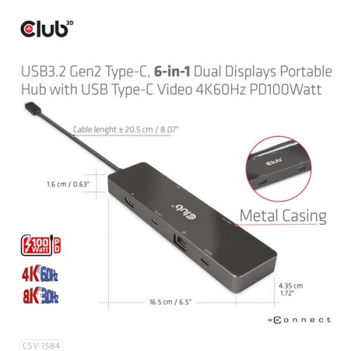 Club 3D USB Hub - CSV-1584 (3.2 USB-C Gen 2 to USB-C, 2xUSB-A, USB-C 100W PD, HDMI, RJ45, 8K60hz)