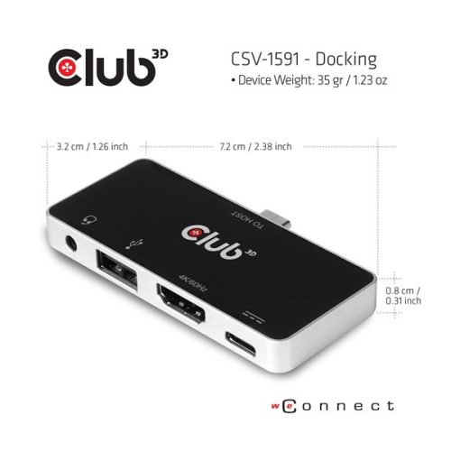 Club 3D USB Hub - CSV-1591 (3.1 USB-C Gen 1 to HDMI, 2.0 USB-A, USB-C 100W, 3,5 Jack, 4k60Hz)
