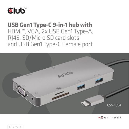 Club 3D USB Hub - CSV-1594 (3.1 USB-C Gen 1 to HDMI, 2xUSB-A Gen 1, USB-C Gen 1, VGA, SD, Micro SD 3.0, RJ45, 3,5 Jack)
