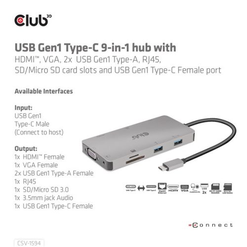 Club 3D USB Hub - CSV-1594 (3.1 USB-C Gen 1 to HDMI, 2xUSB-A Gen 1, USB-C Gen 1, VGA, SD, Micro SD 3.0, RJ45, 3,5 Jack)