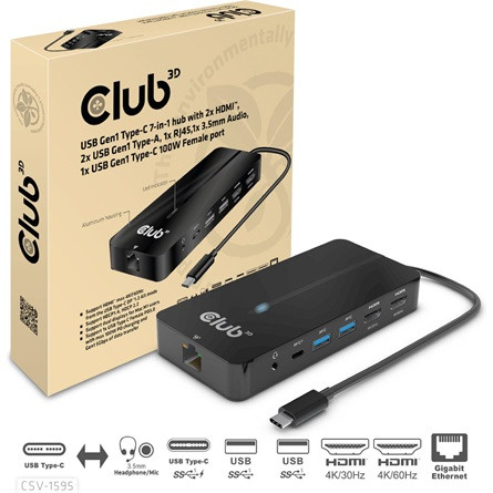 Club 3D USB Hub - CSV-1595 (USB-C Gen 1 to 2xHDMI, 2xUSB-A Gen 1, USB-C Gen 1 100W PD 3.0, RJ45, 3,5 Jack, 4k60Hz)