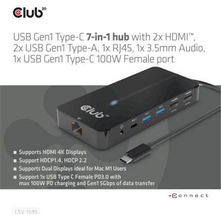 Club 3D USB Hub - CSV-1595 (USB-C Gen 1 to 2xHDMI, 2xUSB-A Gen 1, USB-C Gen 1 100W PD 3.0, RJ45, 3,5 Jack, 4k60Hz)