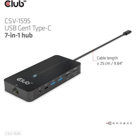 Club 3D USB Hub - CSV-1595 (USB-C Gen 1 to 2xHDMI, 2xUSB-A Gen 1, USB-C Gen 1 100W PD 3.0, RJ45, 3,5 Jack, 4k60Hz)
