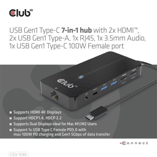 Club 3D USB Hub - CSV-1595 (USB-C Gen 1 to 2xHDMI, 2xUSB-A Gen 1, USB-C Gen 1 100W PD 3.0, RJ45, 3,5 Jack, 4k60Hz)
