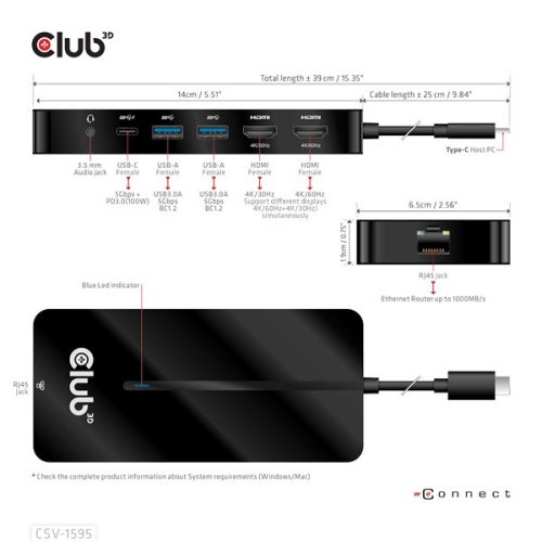 Club 3D USB Hub - CSV-1595 (USB-C Gen 1 to 2xHDMI, 2xUSB-A Gen 1, USB-C Gen 1 100W PD 3.0, RJ45, 3,5 Jack, 4k60Hz)