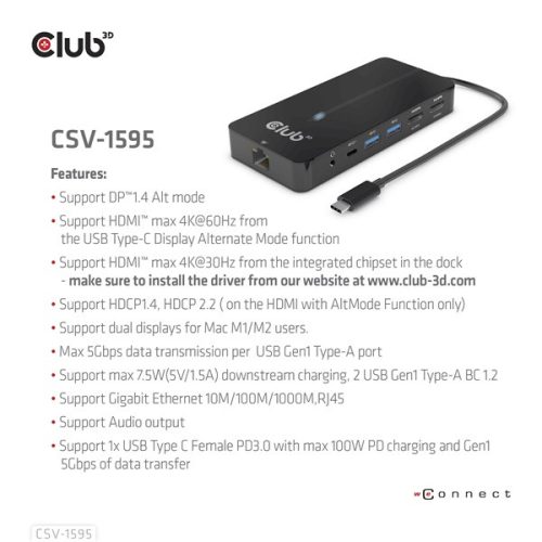 Club 3D USB Hub - CSV-1595 (USB-C Gen 1 to 2xHDMI, 2xUSB-A Gen 1, USB-C Gen 1 100W PD 3.0, RJ45, 3,5 Jack, 4k60Hz)