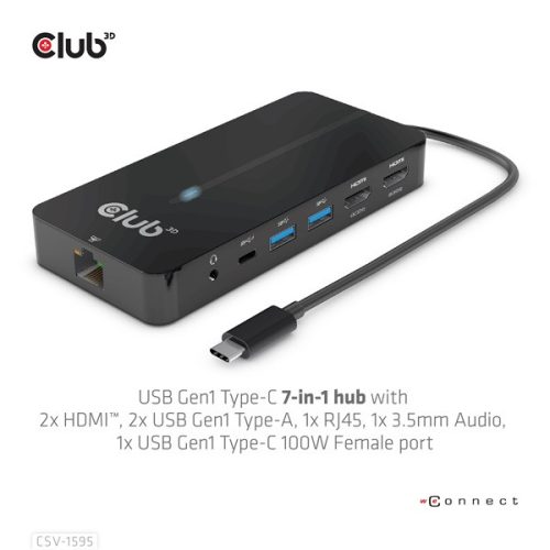 Club 3D USB Hub - CSV-1595 (USB-C Gen 1 to 2xHDMI, 2xUSB-A Gen 1, USB-C Gen 1 100W PD 3.0, RJ45, 3,5 Jack, 4k60Hz)