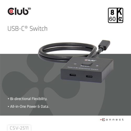 Club 3D USB Hub - CSV-2511 (USB-C to 2xUSB-C, Bidirectional, 100W PD, 8K60Hz/4K120Hz)