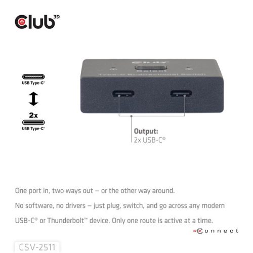 Club 3D USB Hub - CSV-2511 (USB-C to 2xUSB-C, Bidirectional, 100W PD, 8K60Hz/4K120Hz)