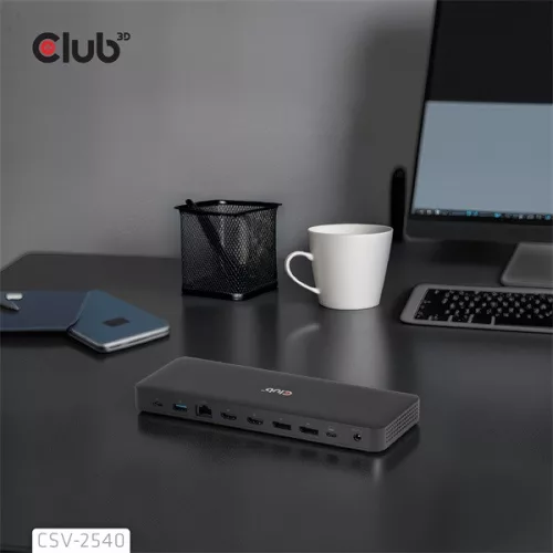 Club 3D Notebook Dokkoló - CSV-2540 (USB-C to 2xUSB-C, 2xUSB-A, 2xHDMI, 2xDP, RJ45, SD/MicroSD, 100W PD, 4K60hz)