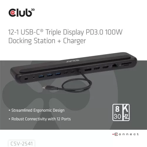 Club 3D Notebook Dokkoló - CSV-2541 (USB-C to 4xUSB-C, 2xUSB-A, 2xHDMI, 2xDP, RJ45, SD/MicroSD, 100W PD, 4K60hz)