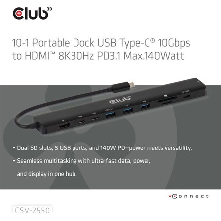 Club 3D USB Hub - CSV-2550 (USB-C to 3xUSB-C, 3xUSB-A, RJ45, SD/MicroSD, 140W PD, HDMI, 8K30hz)
