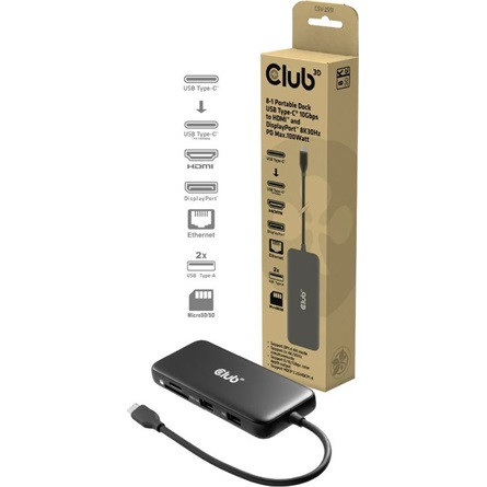 Club 3D USB Hub - CSV-2551 (USB-C to USB-C, 2xUSB-A, RJ45, SD/MicroSD, 100W PD, HDMI, DP, 8K30hz)