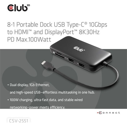 Club 3D USB Hub - CSV-2551 (USB-C to USB-C, 2xUSB-A, RJ45, SD/MicroSD, 100W PD, HDMI, DP, 8K30hz)