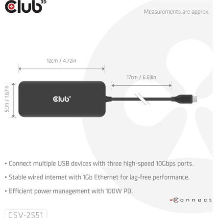 Club 3D USB Hub - CSV-2551 (USB-C to USB-C, 2xUSB-A, RJ45, SD/MicroSD, 100W PD, HDMI, DP, 8K30hz)