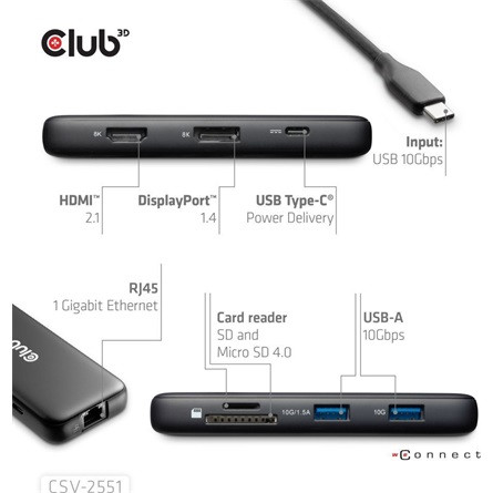 Club 3D USB Hub - CSV-2551 (USB-C to USB-C, 2xUSB-A, RJ45, SD/MicroSD, 100W PD, HDMI, DP, 8K30hz)