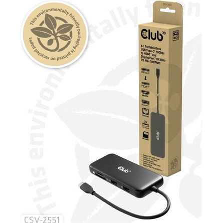 Club 3D USB Hub - CSV-2551 (USB-C to USB-C, 2xUSB-A, RJ45, SD/MicroSD, 100W PD, HDMI, DP, 8K30hz)