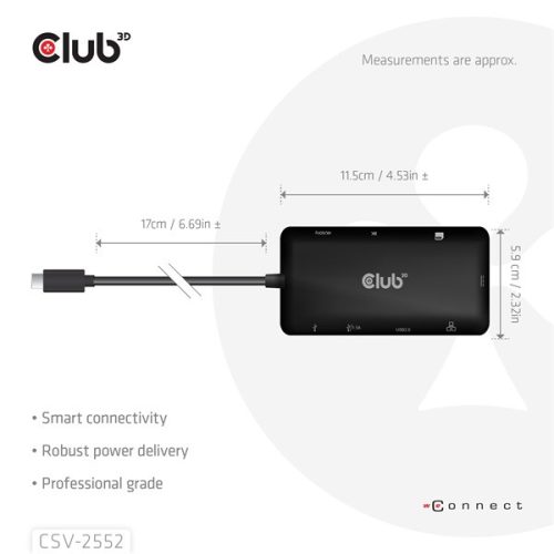 Club 3D USB Hub - CSV-2552 (USB-C to 2xUSB-C, 2xUSB-A, 2xHDMI, RJ45, SD/MicroSD, 100W PD, 4K60hz)