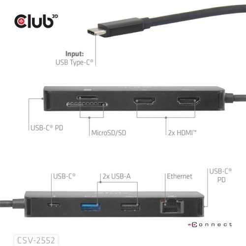 Club 3D USB Hub - CSV-2552 (USB-C to 2xUSB-C, 2xUSB-A, 2xHDMI, RJ45, SD/MicroSD, 100W PD, 4K60hz)