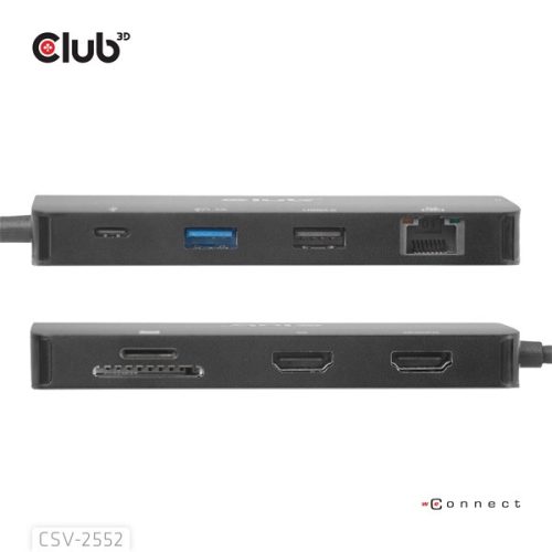 Club 3D USB Hub - CSV-2552 (USB-C to 2xUSB-C, 2xUSB-A, 2xHDMI, RJ45, SD/MicroSD, 100W PD, 4K60hz)