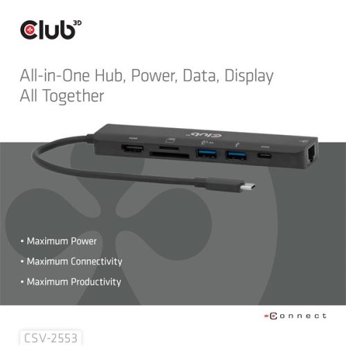 Club 3D USB Hub - CSV-2553 (USB-C to USB-C, 2xUSB-A, HDMI, RJ45, SD/MicroSD, 100W PD, 4K60hz)