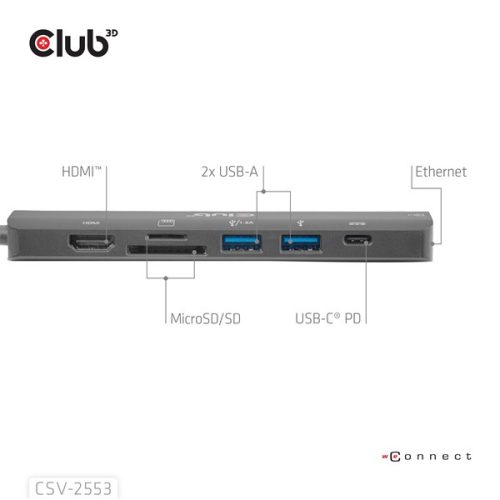 Club 3D USB Hub - CSV-2553 (USB-C to USB-C, 2xUSB-A, HDMI, RJ45, SD/MicroSD, 100W PD, 4K60hz)