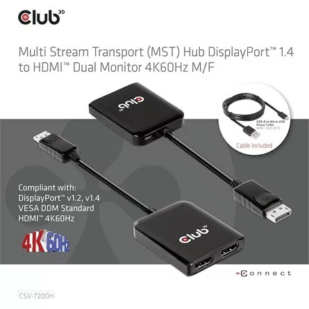 Club 3D MST Hub - CSV-7200H (DisplayPort 1.4 to 2x HDMI, 2x 4K60Hz)